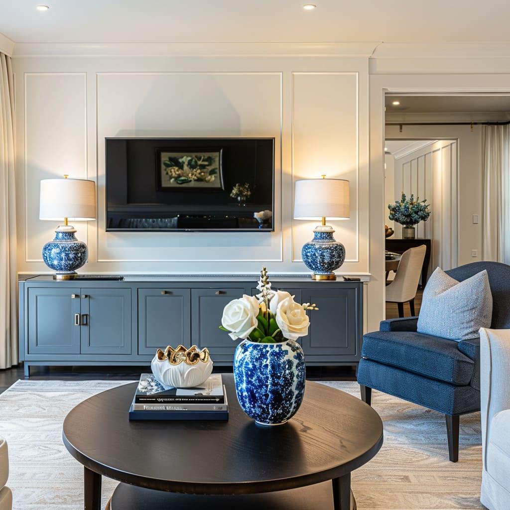 Contemporary blue living room with​ sleek lines and‌ modern art