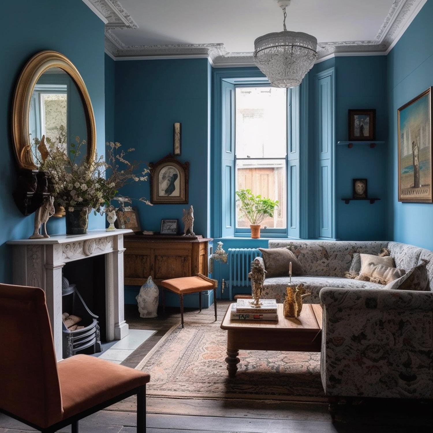 Serene⁣ blue⁤ living room created ‌with soothing monochromatic shades