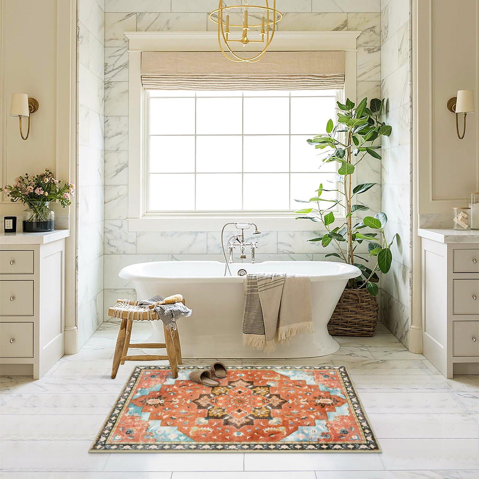 Add a vintage rug for warmth in your boho bathroom