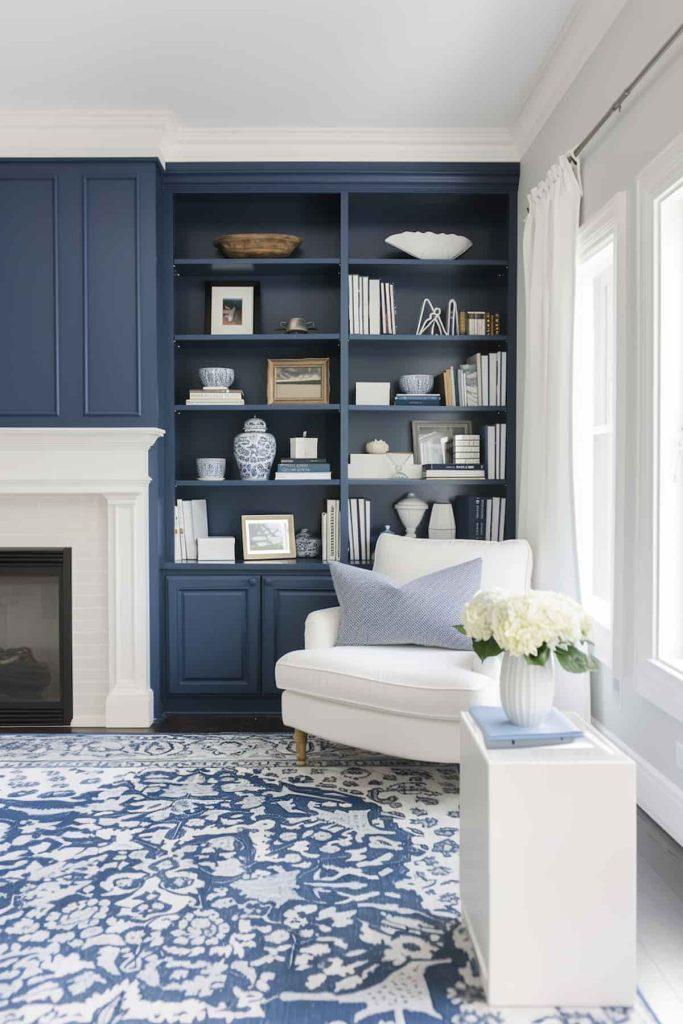 Create contrast with white trim against blue living room walls