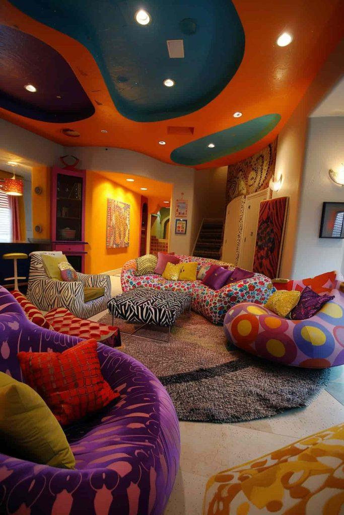 Retro​ Living ⁢Room: Funky patterns​ and bright hues celebrate a bygone era