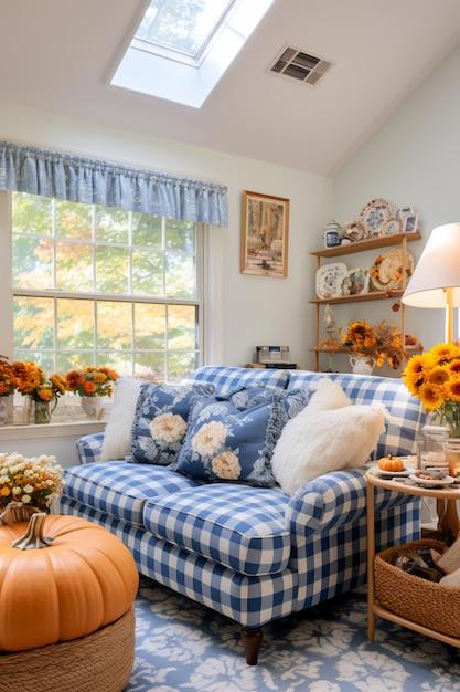 Farmhouse-inspired blue living room with‌ rustic charm