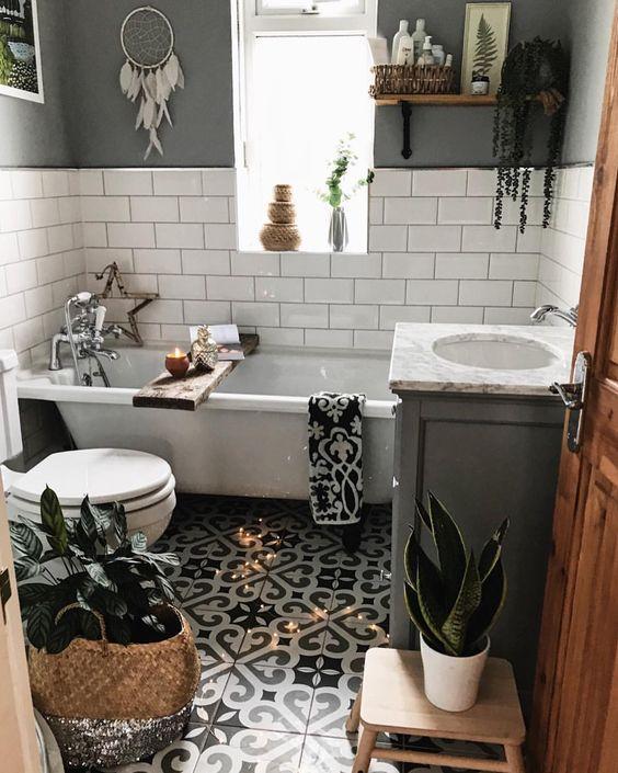 Incorporate mosaic tiles for a vibrant boho bathroom floor