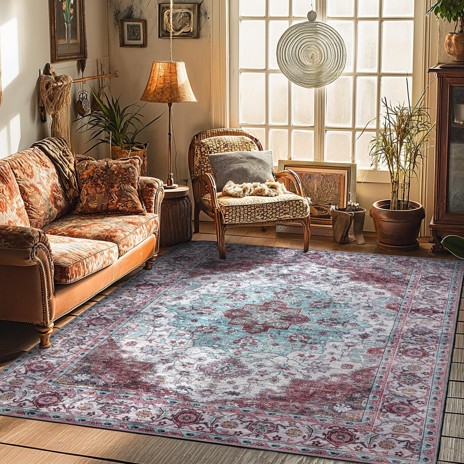 A patterned area rug​ anchors ‍your vintage living ​room with warmth and style