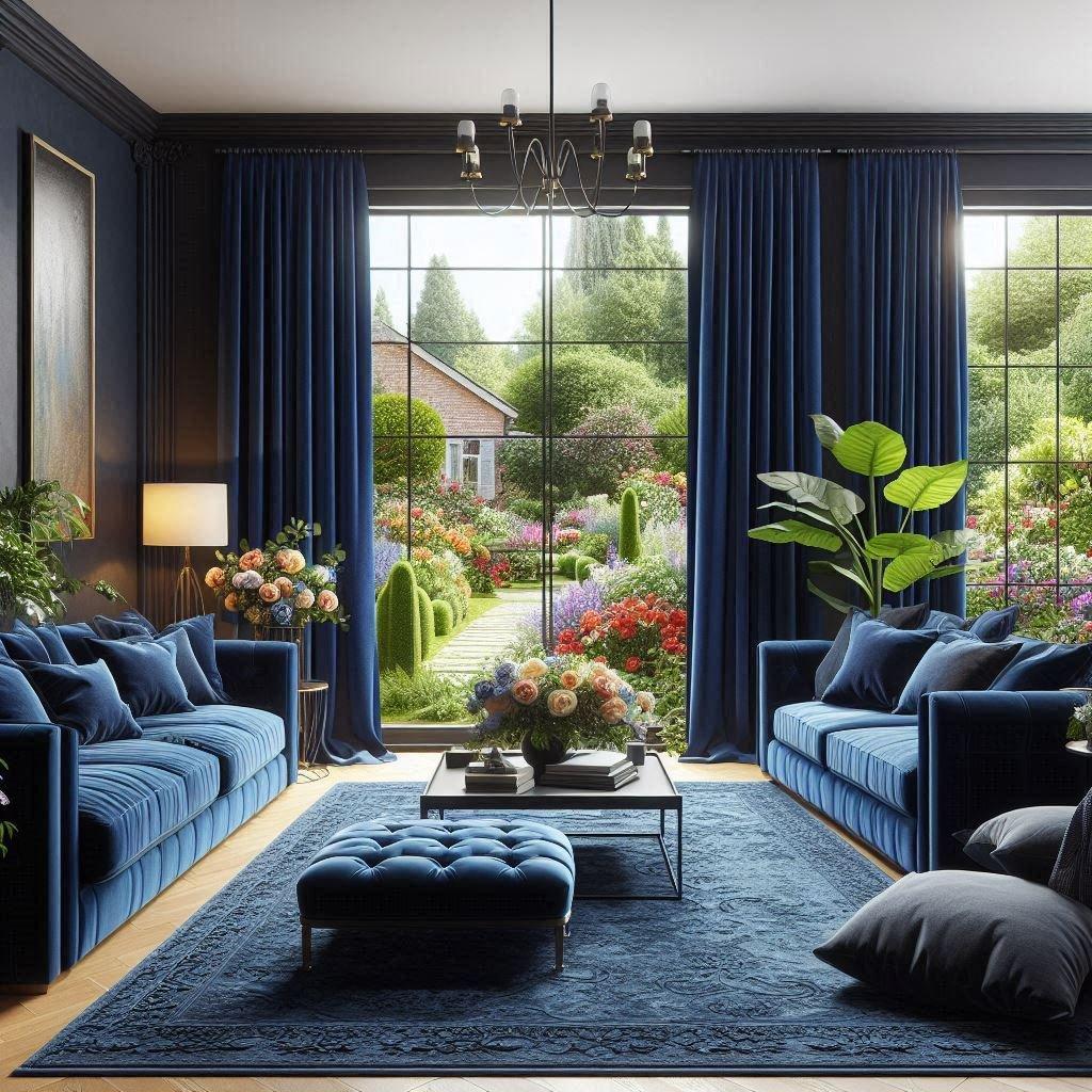 Opt for statement blue curtains that frame your living room beautifully