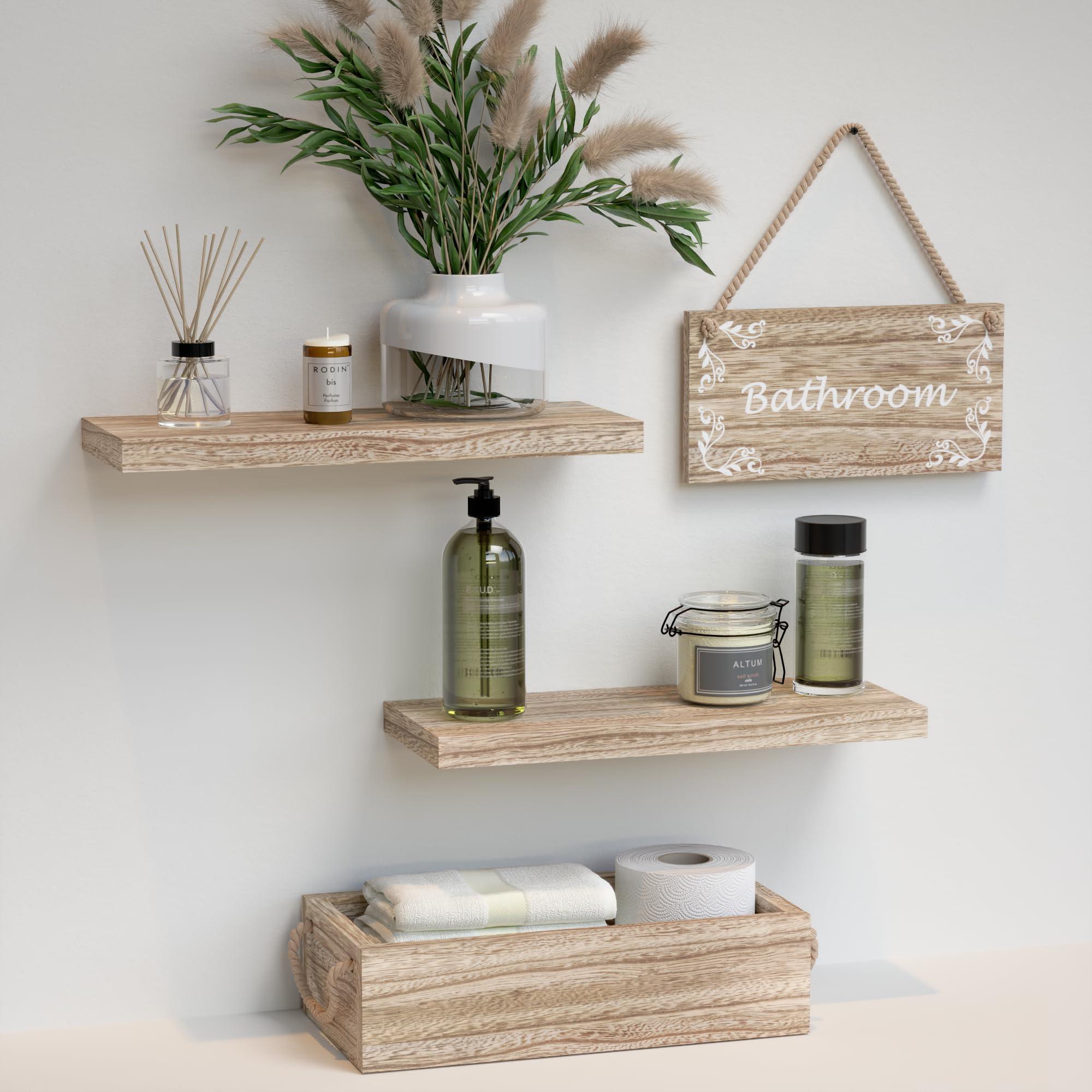 Rustic shelving‍ displays decorative items in ‌a boho bathroom