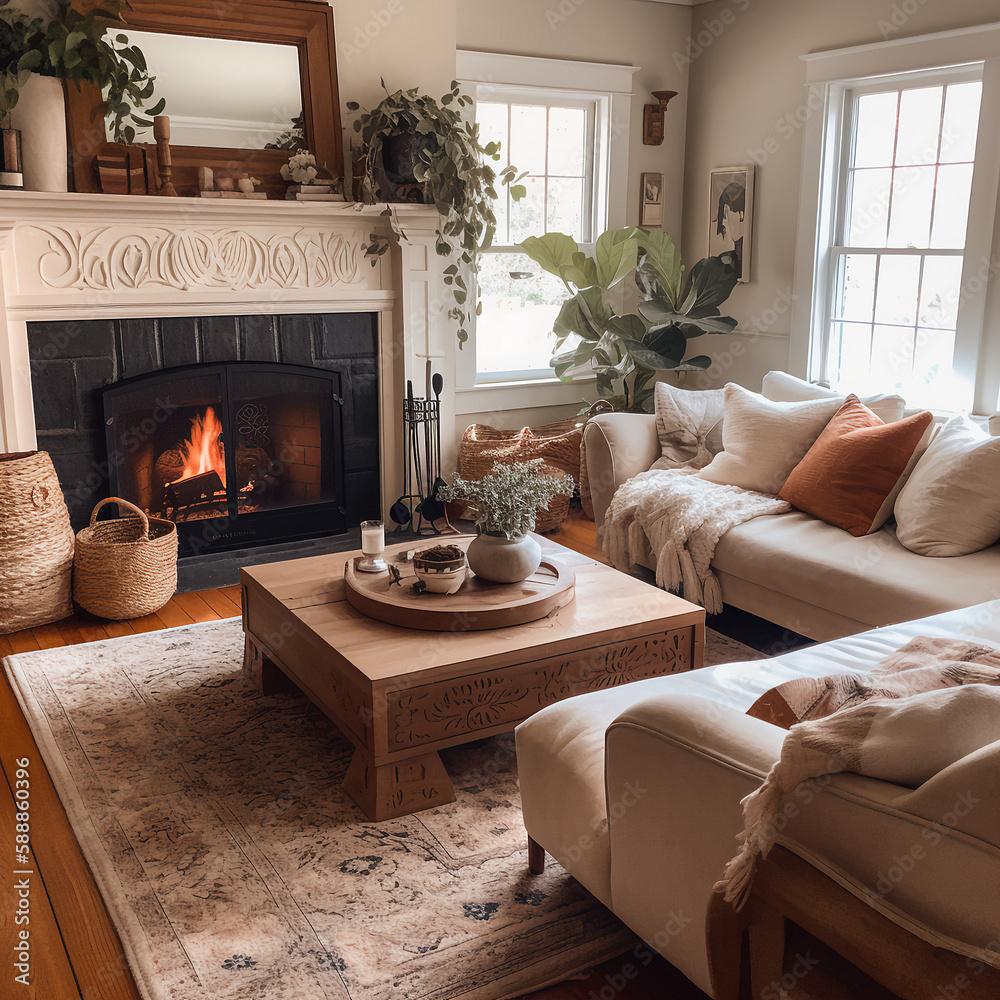 A cozy‍ fireplace creates a ‌warm gathering spot in your Boho Living Room