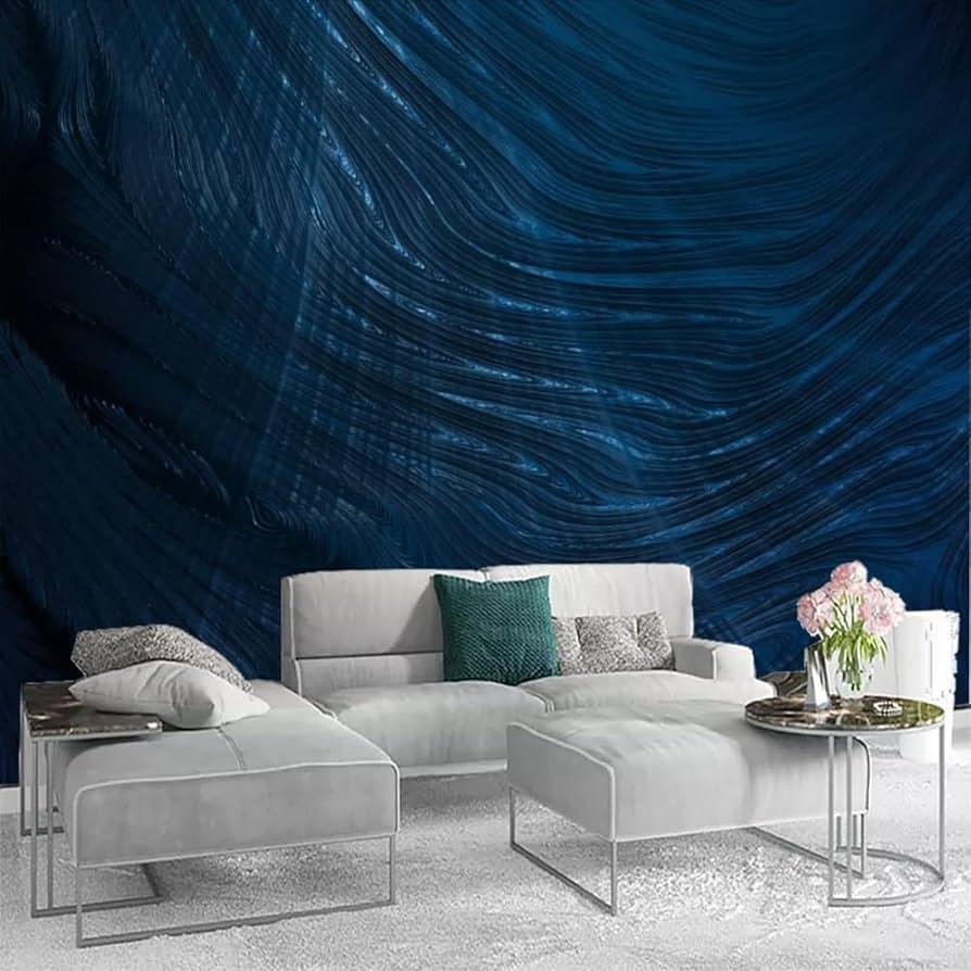 Textured wallpaper in a bold ​blue living room for ​depth