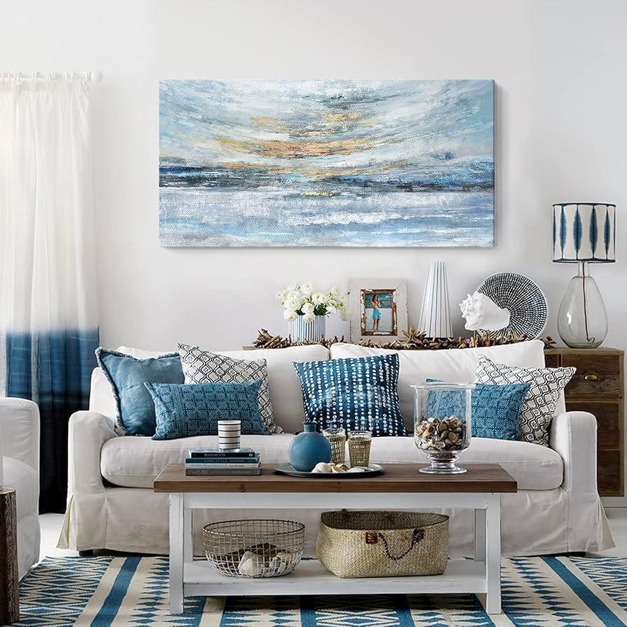 Create​ a gallery ⁢wall with blue-themed art​ in your living room