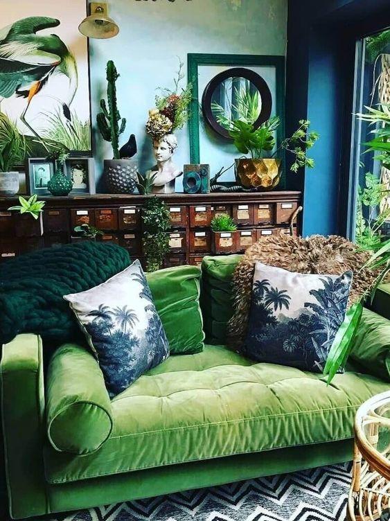 Add greenery​ to your blue living room for vibrant freshness