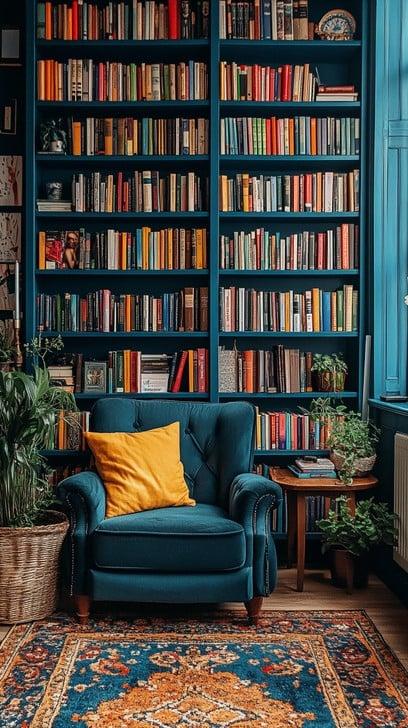 Cozy reading ⁤nook in a blue living ‍room corner