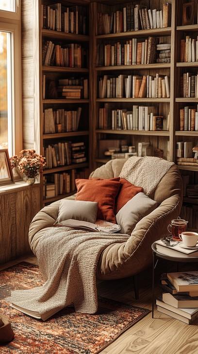 Create a reading nook with a comfortable chair and textured throws​ in your living area