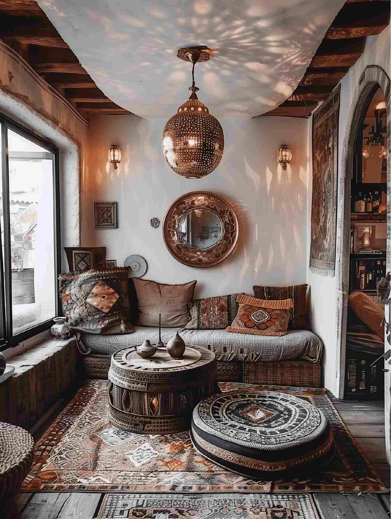 Arrange eclectic decorative items, like globes and antiques, to ⁣inspire wanderlust in your Boho Living Room