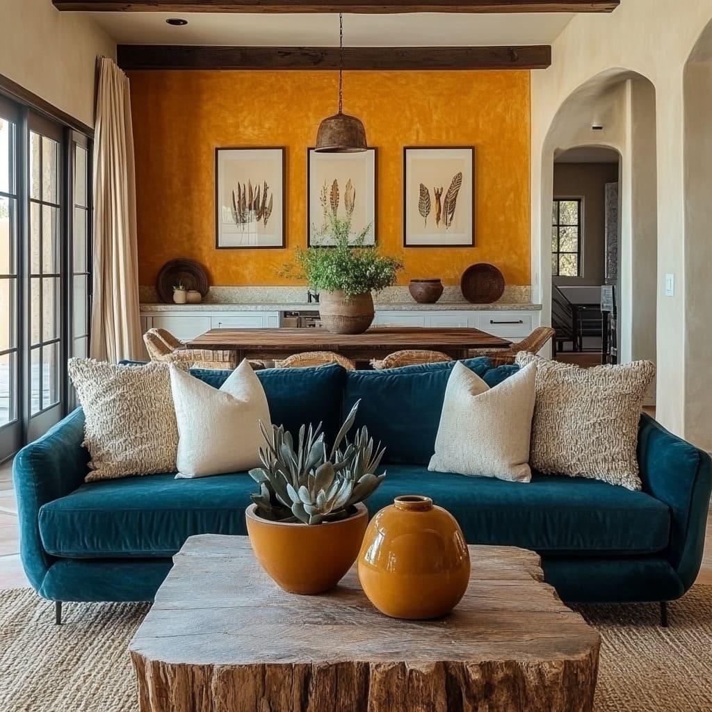 Pair blue living room decor with warm wood elements