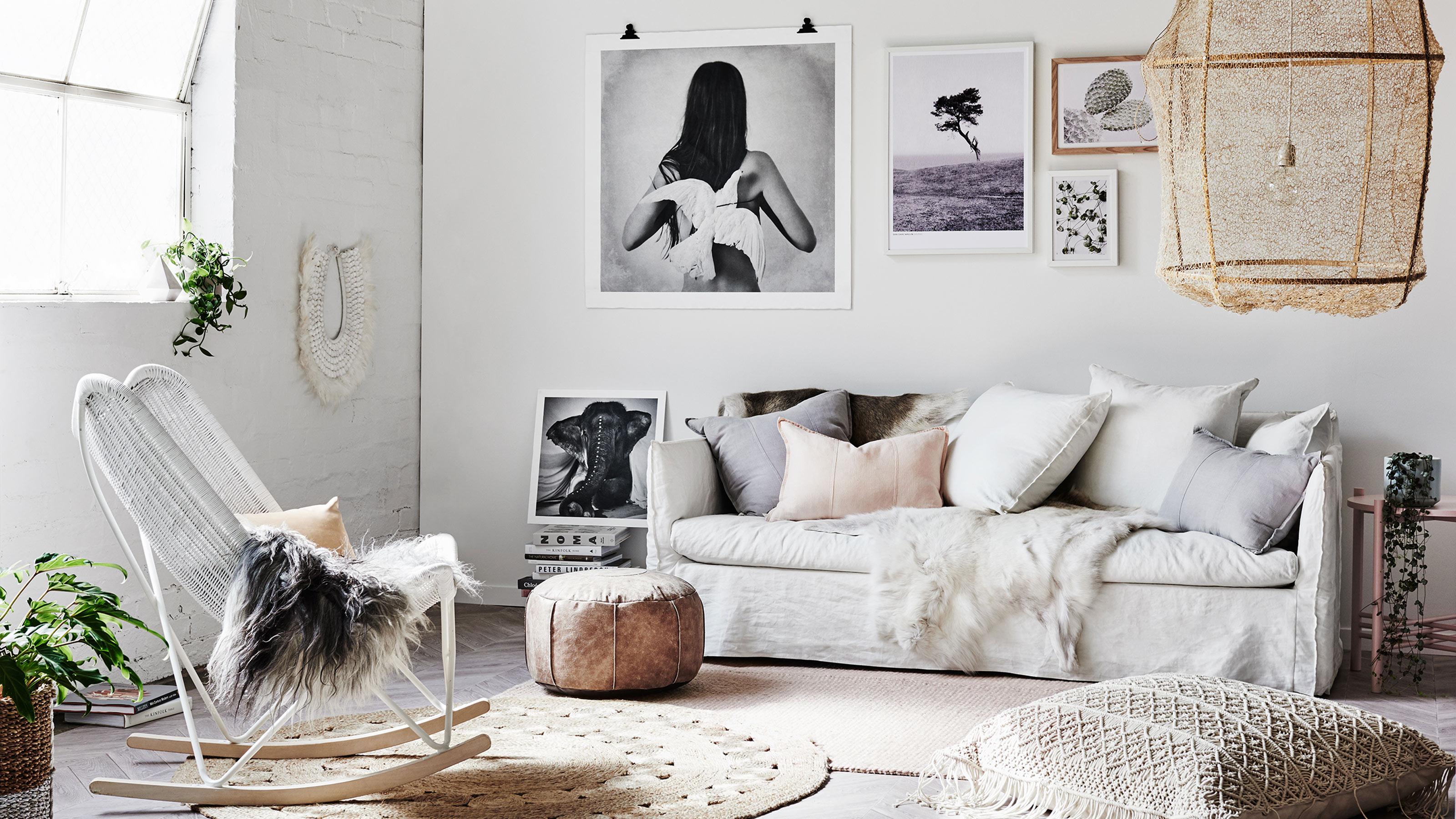 Select a neutral base palette to allow bold accents in your Boho Living Room