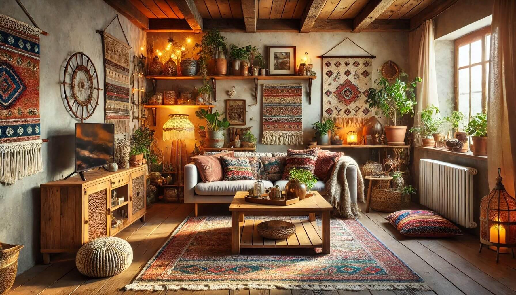 Use natural materials like wood and stone for a grounded ​Boho Living Room vibe