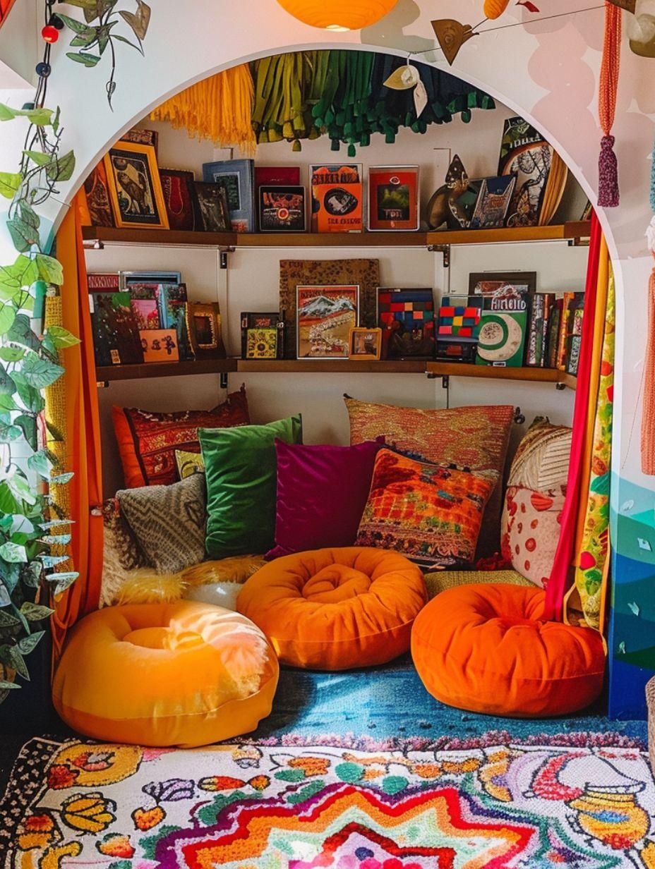 Create a reading nook with ‌a comfy chair and⁢ shelves full of books in your Boho Living​ Room