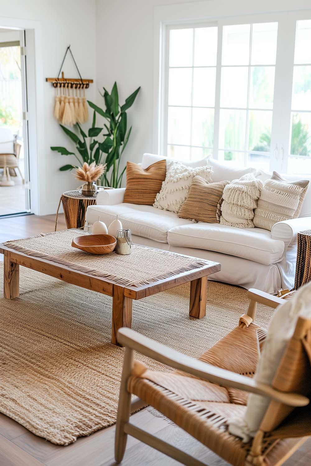 Introduce natural materials like wood and rattan in your Boho Living Room décor