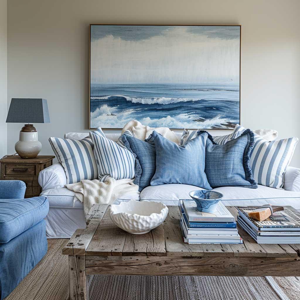 Create a ‌coastal ‌theme in your ⁣blue living room⁣ with ‍light​ decor