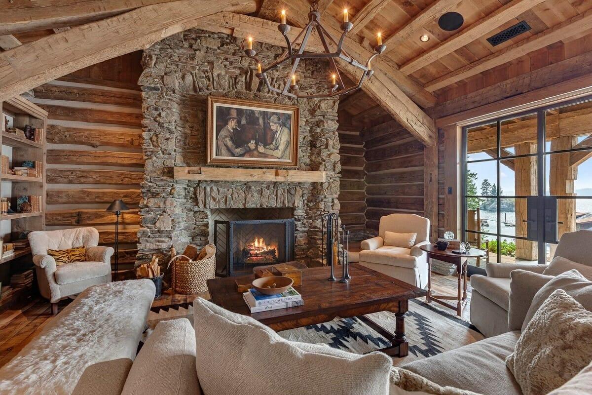 Cozy Cabin Living Room: Use soft furnishings and a fireplace for a retreat