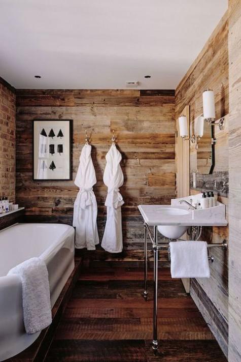 Utilize reclaimed wood for warmth in your Chalet Bathroom