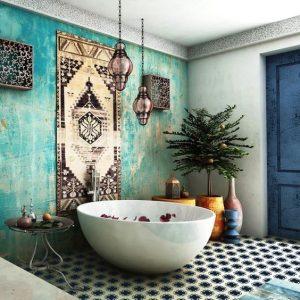 Ethnic prints ⁤invigorate walls in a chic boho bathroom