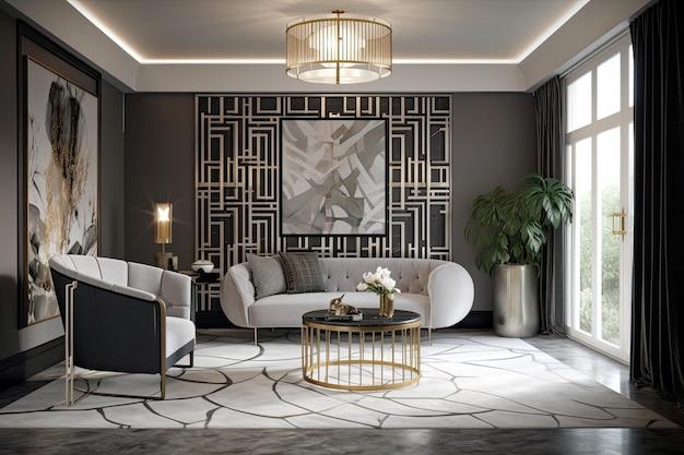 Art Deco Living Room: Infuse glamour with geometric patterns and metallic accents