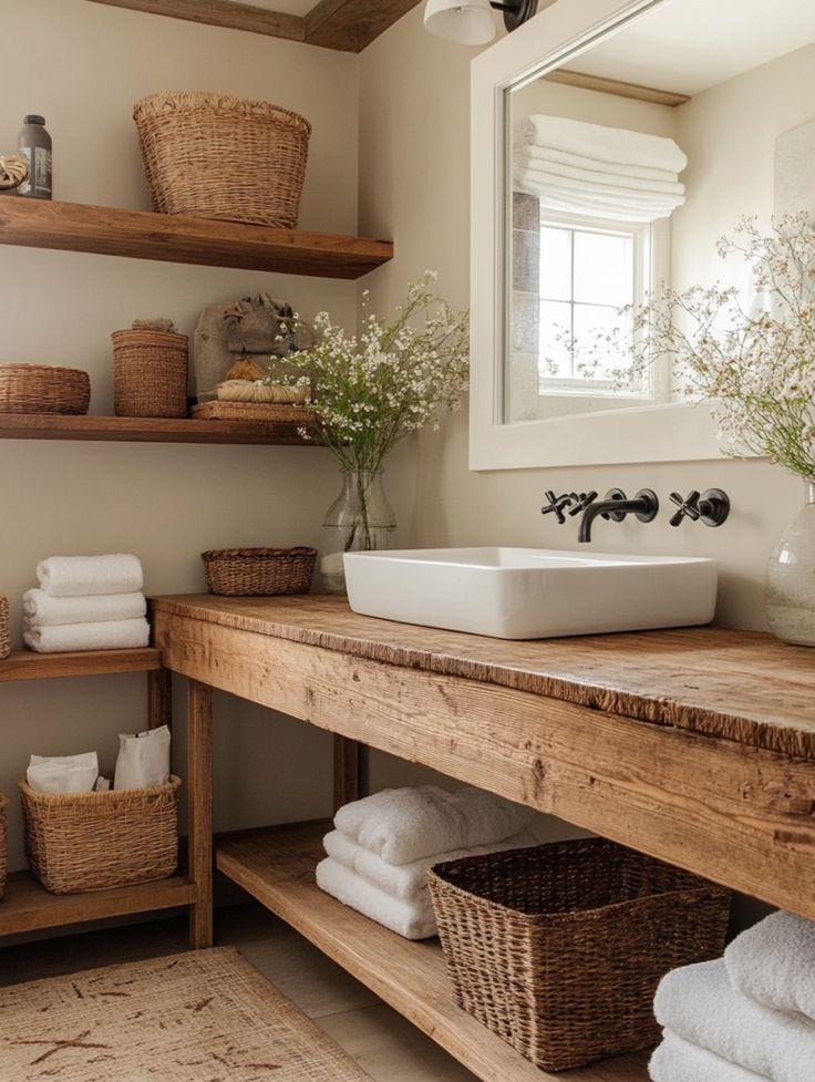 Utilize reclaimed wood shelves ⁣for practicality⁤ in ⁤your ‍boho bathroom