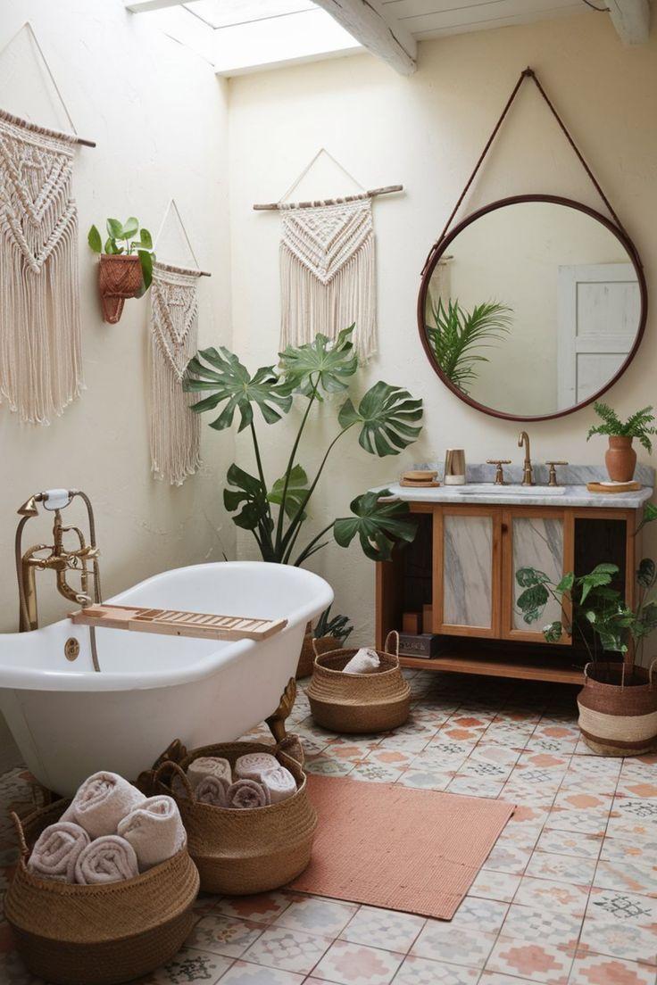 A freestanding soaking tub‌ enhances your boho bathroom vibe