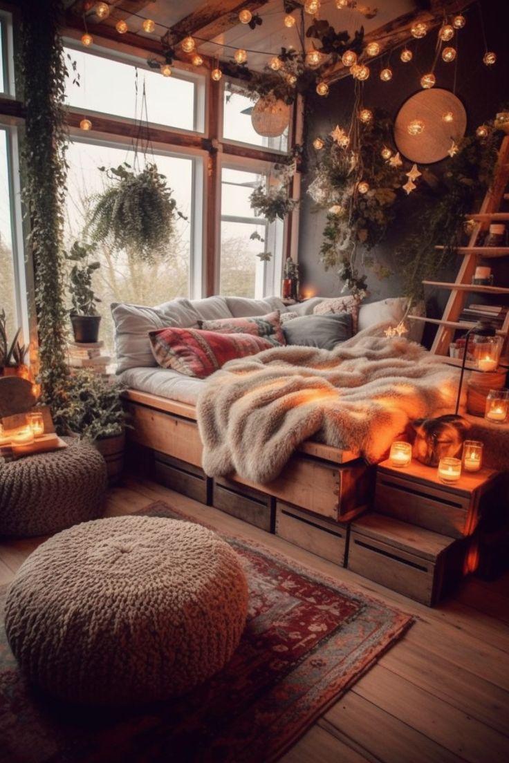 Hang fairy lights for a whimsical touch in your cozy Boho ⁣Living Room