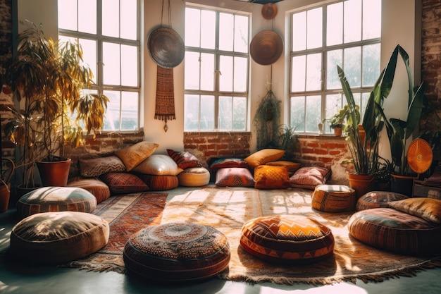 Incorporate a⁣ meditation​ space ⁤with cushions for tranquility ⁣in your⁣ Boho ​Living​ Room