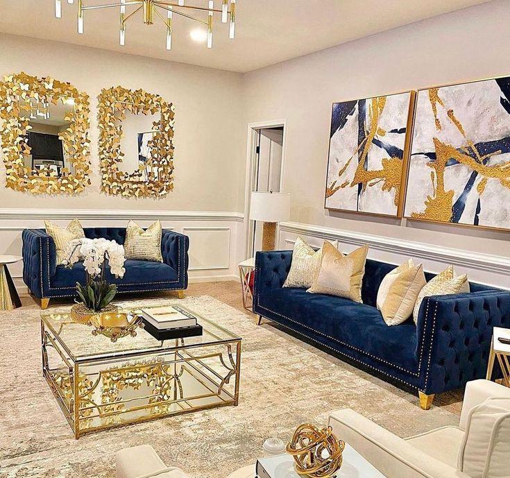 Combine blue‍ with gold accents for a chic blue living room