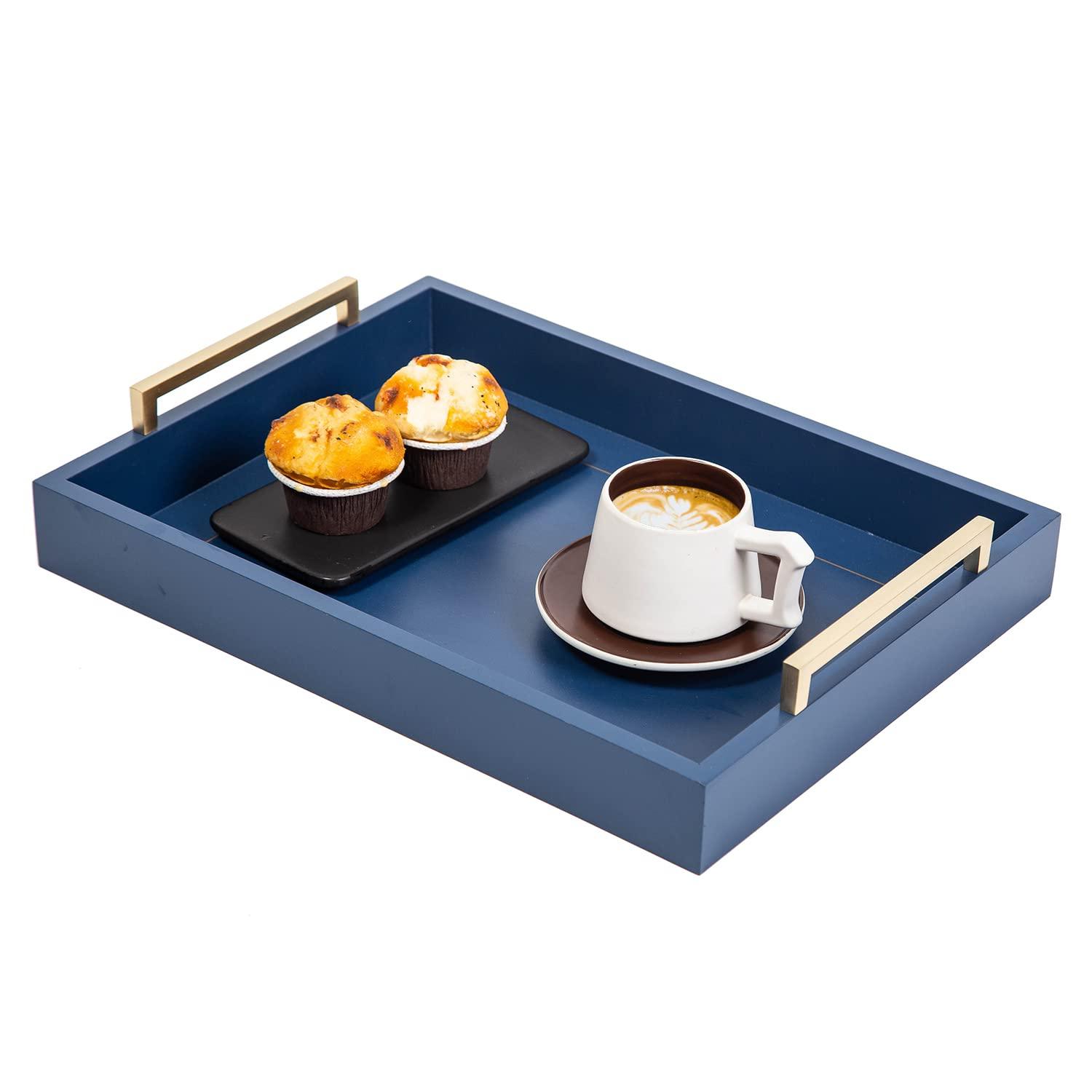 Use blue decorative trays for organization and style