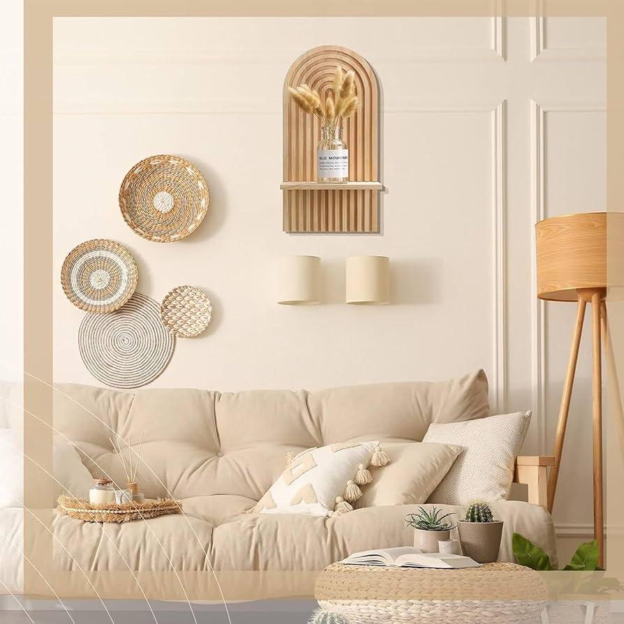 A reclaimed wood shelf ⁢displays treasures and ‍adds character​ to your⁢ Boho‌ Living Room