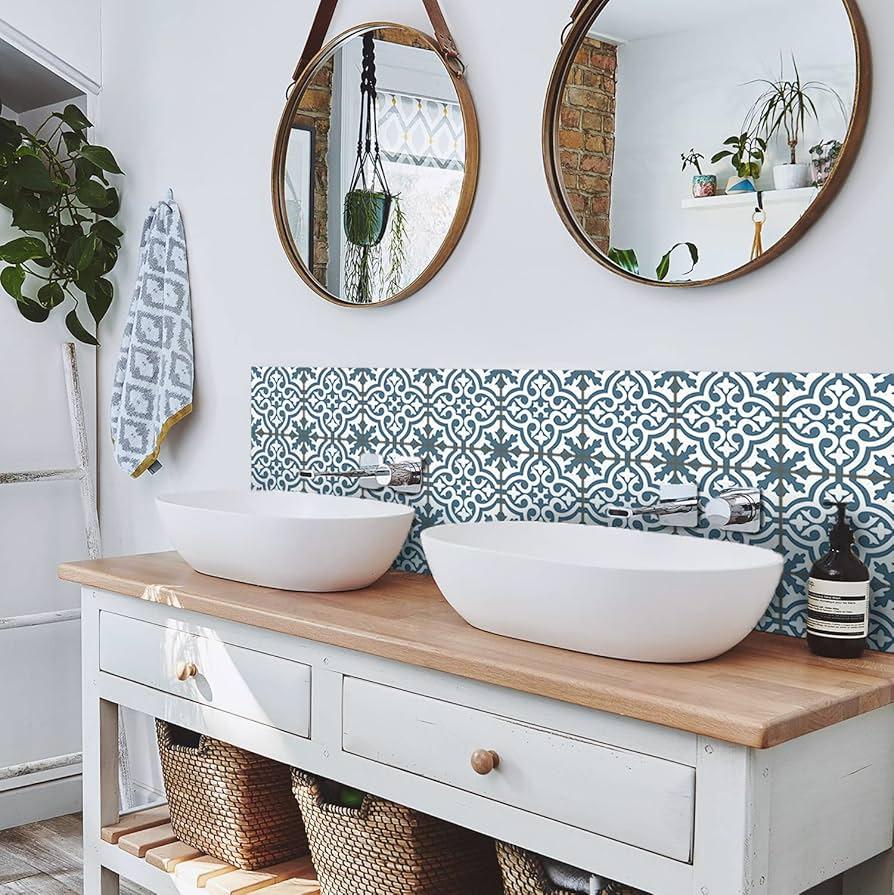 Unique ceramic tiles transform a‍ standard boho bathroom into art