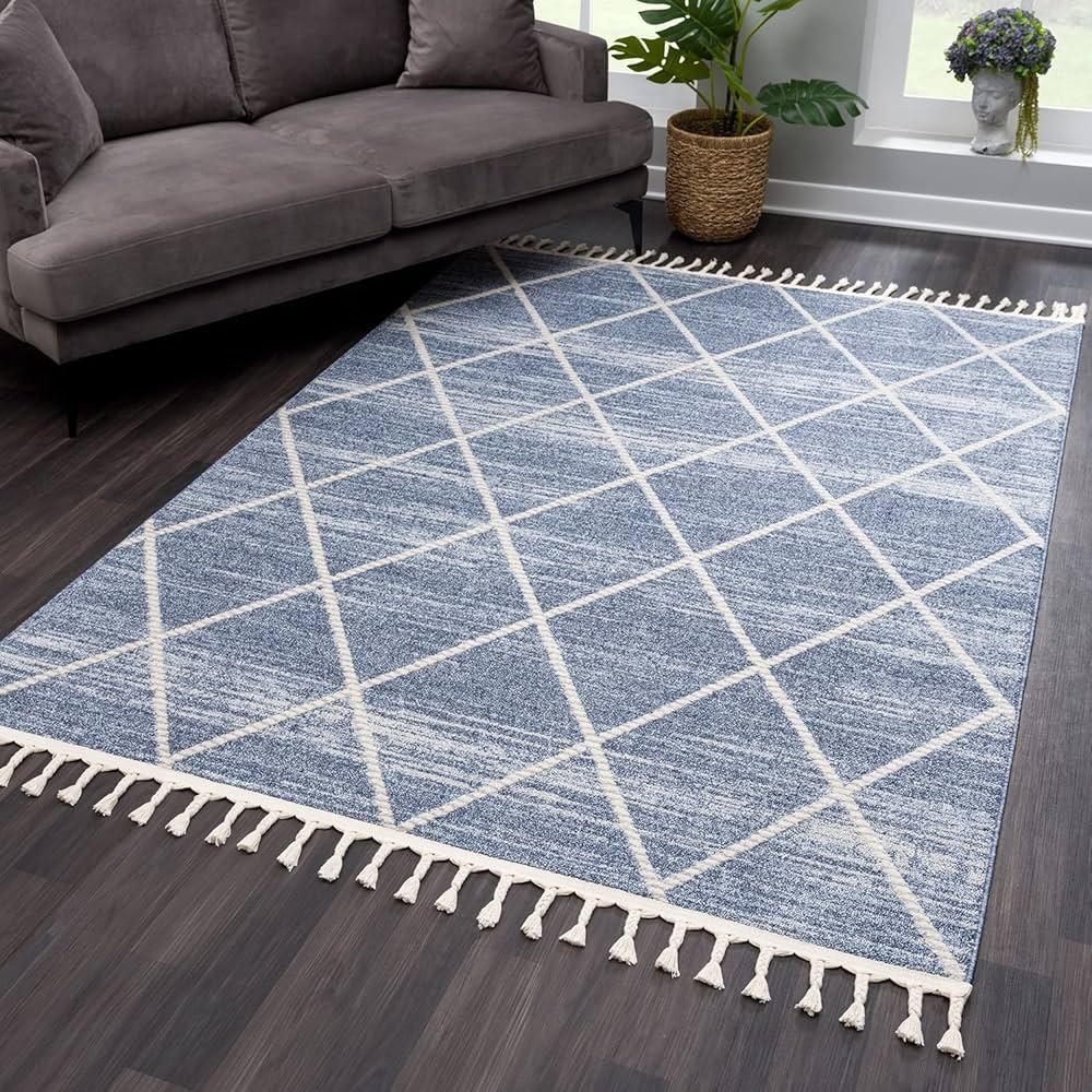 Choose patterned rugs ⁢to⁣ ground your‍ blue ​living room design