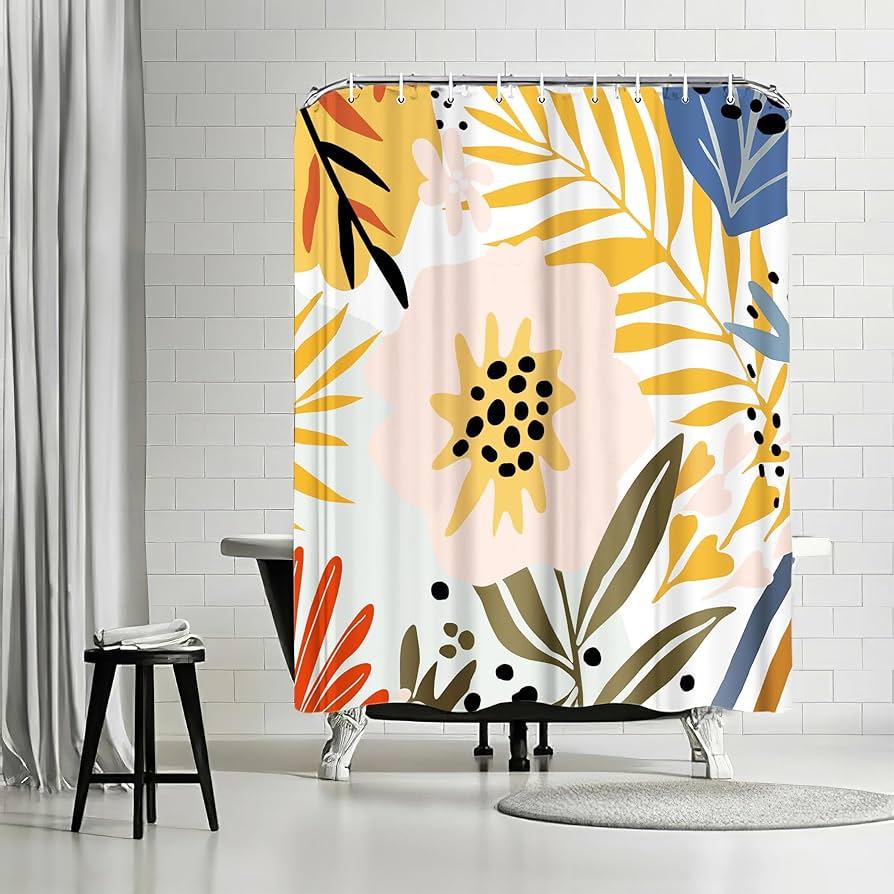 Bright, patterned shower curtains add personality to your boho bathroom