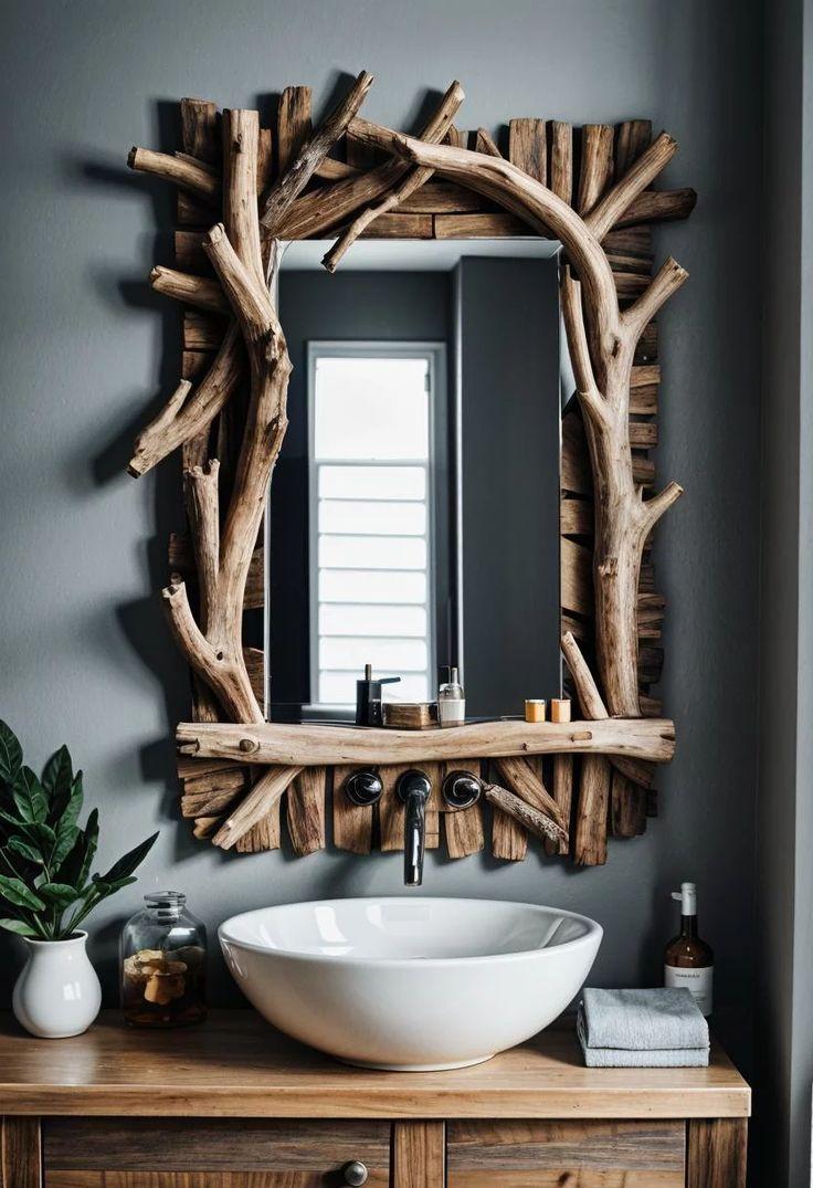 Driftwood mirrors serve as focal points in your boho bathroom