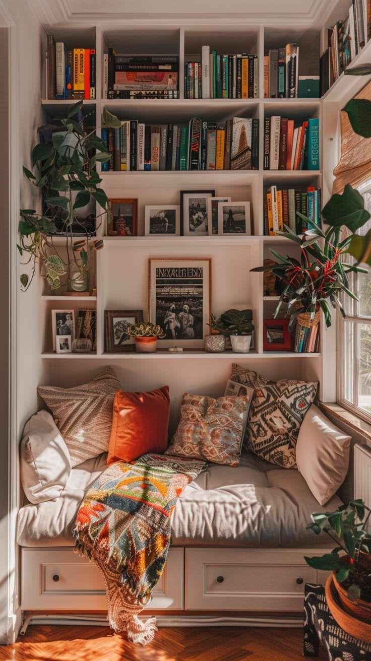 Curate a cozy book collection to enhance the inviting atmosphere in your Boho Living Room