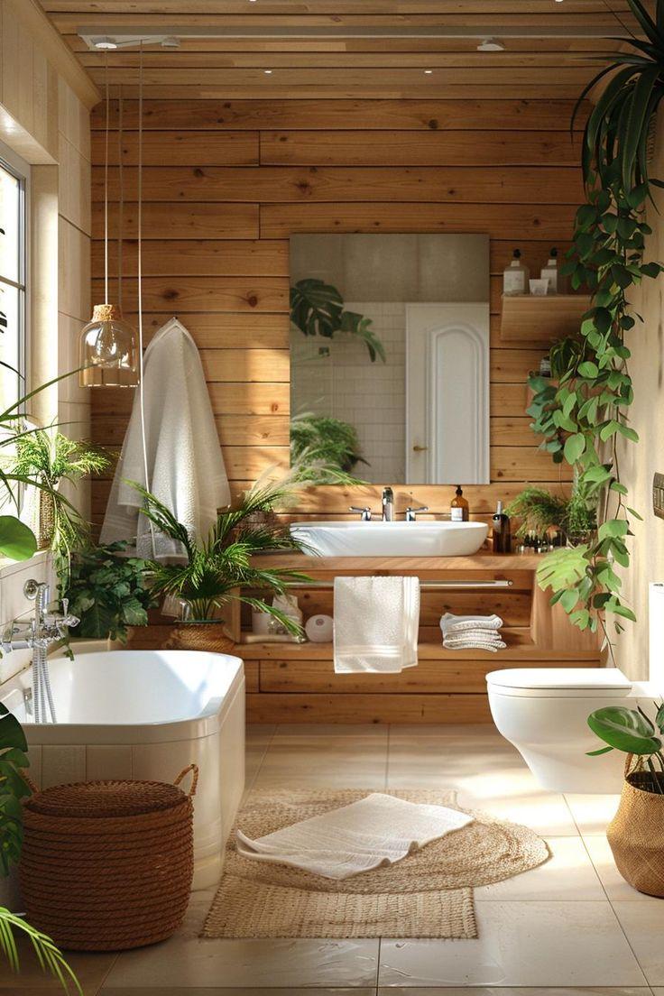 Natural wood accents for a warm boho bathroom vibe