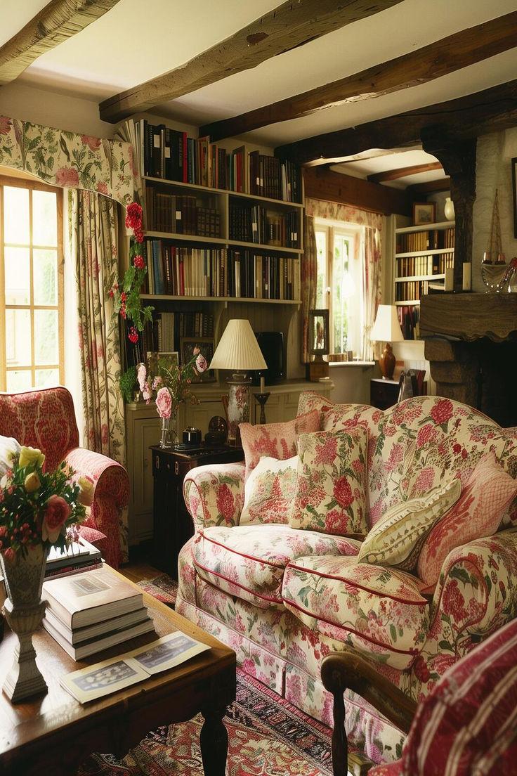 Country Cottage Living Room: Utilize floral patterns and rustic decor for charm