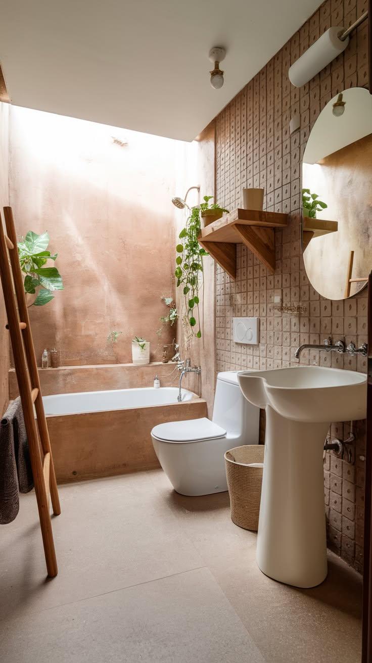 Opt for ​earth-tone tiles to ​ground your boho bathroom‌ style