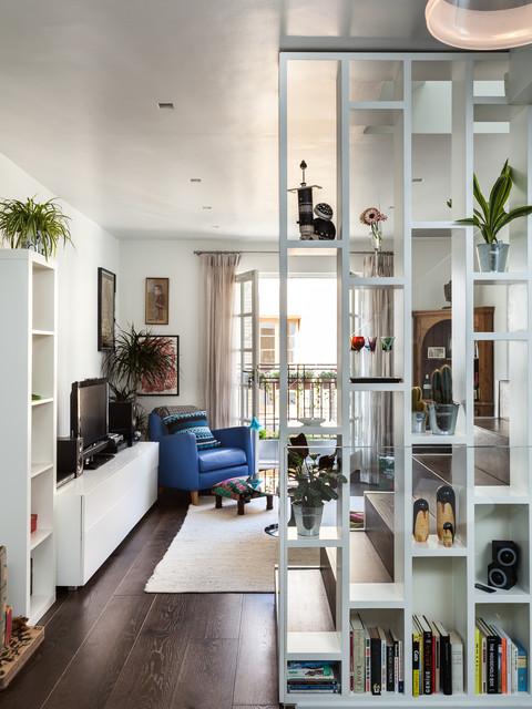 Experiment with open shelving to keep your contemporary living room airy and organized