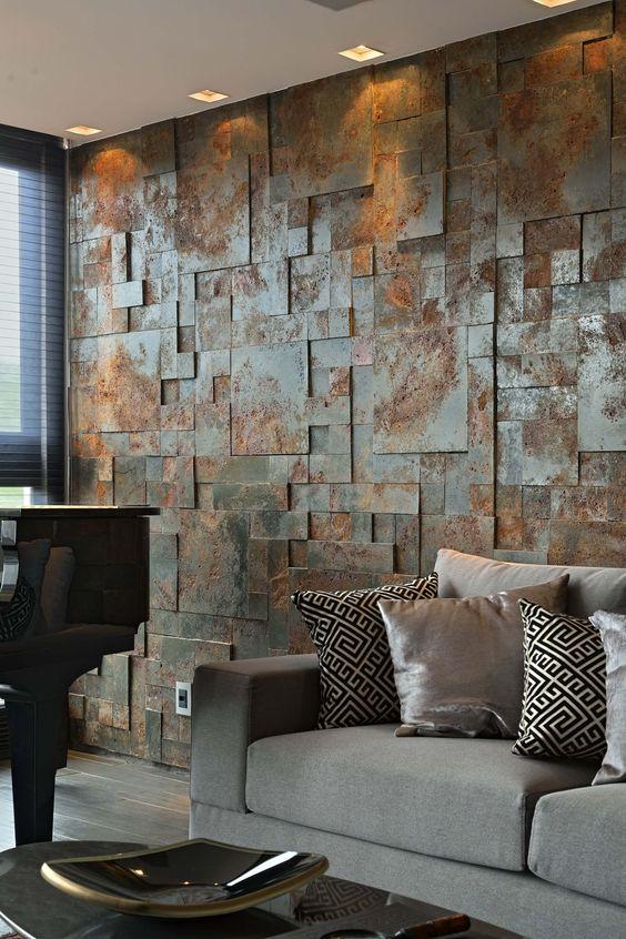 Choose a feature wall with textured wallpaper to add character to your contemporary​ living room