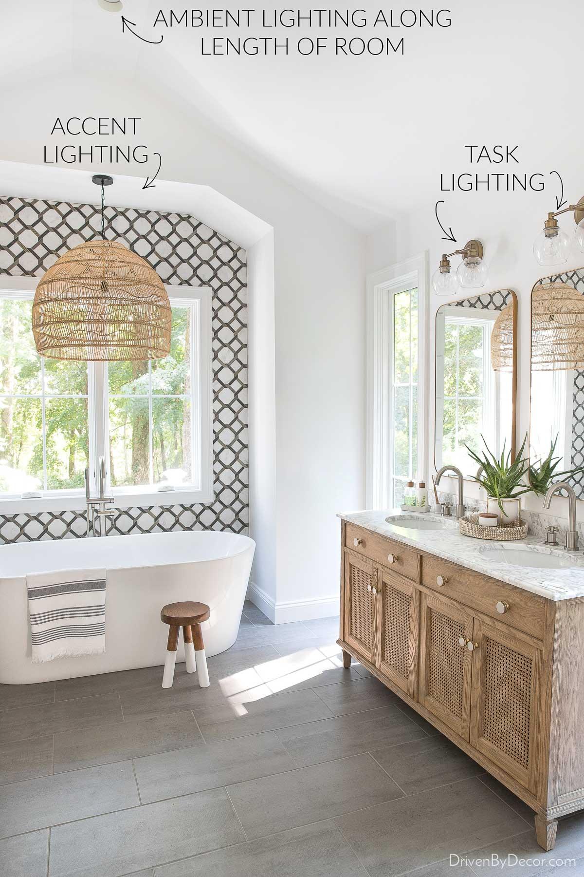 Use ambient lighting for a warm boho bathroom glow