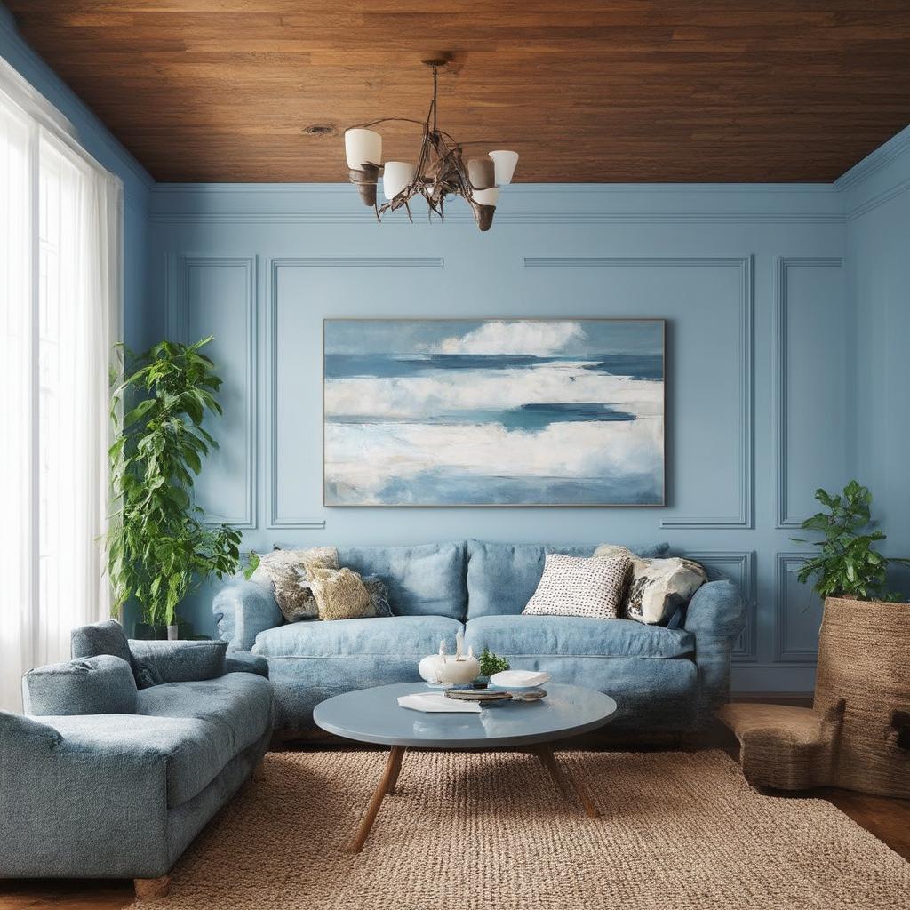 Pair rustic wood with a soft blue living room theme