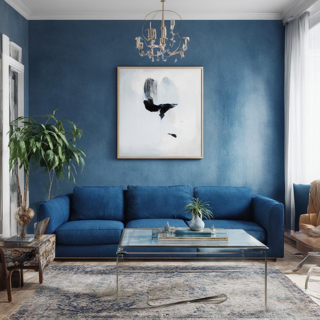 Paint one wall a darker shade for dramatic contrast in your blue living room