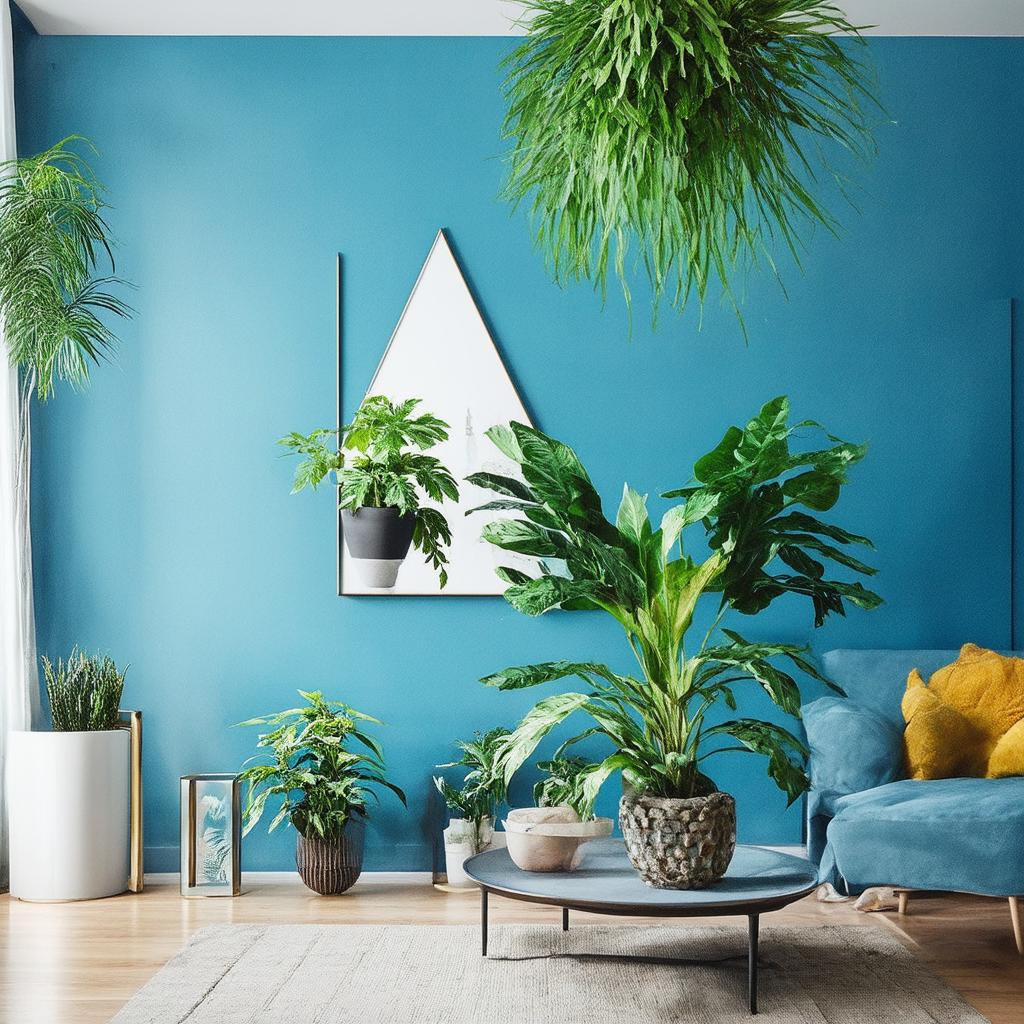 Add houseplants for a refreshing touch in your blue living room