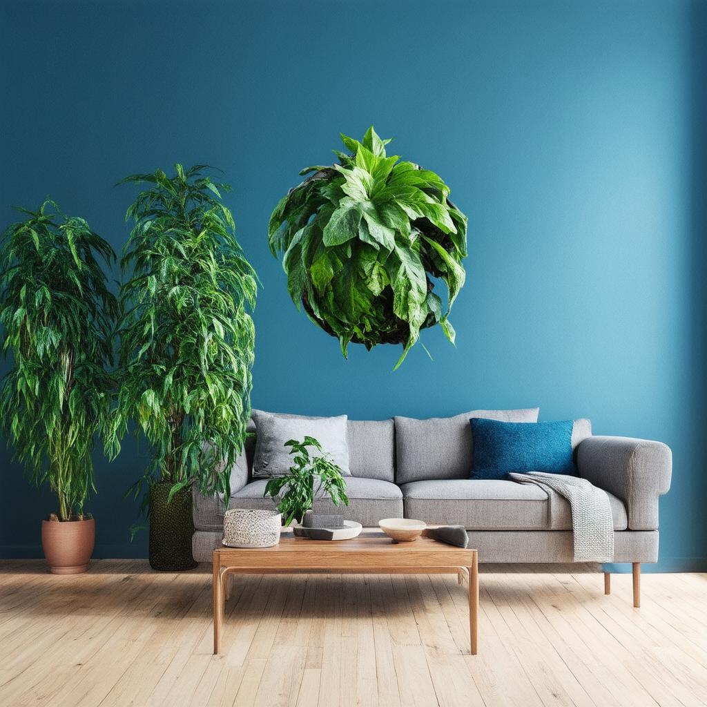 Introduce indoor plants for a fresh touch ‍in a blue living room