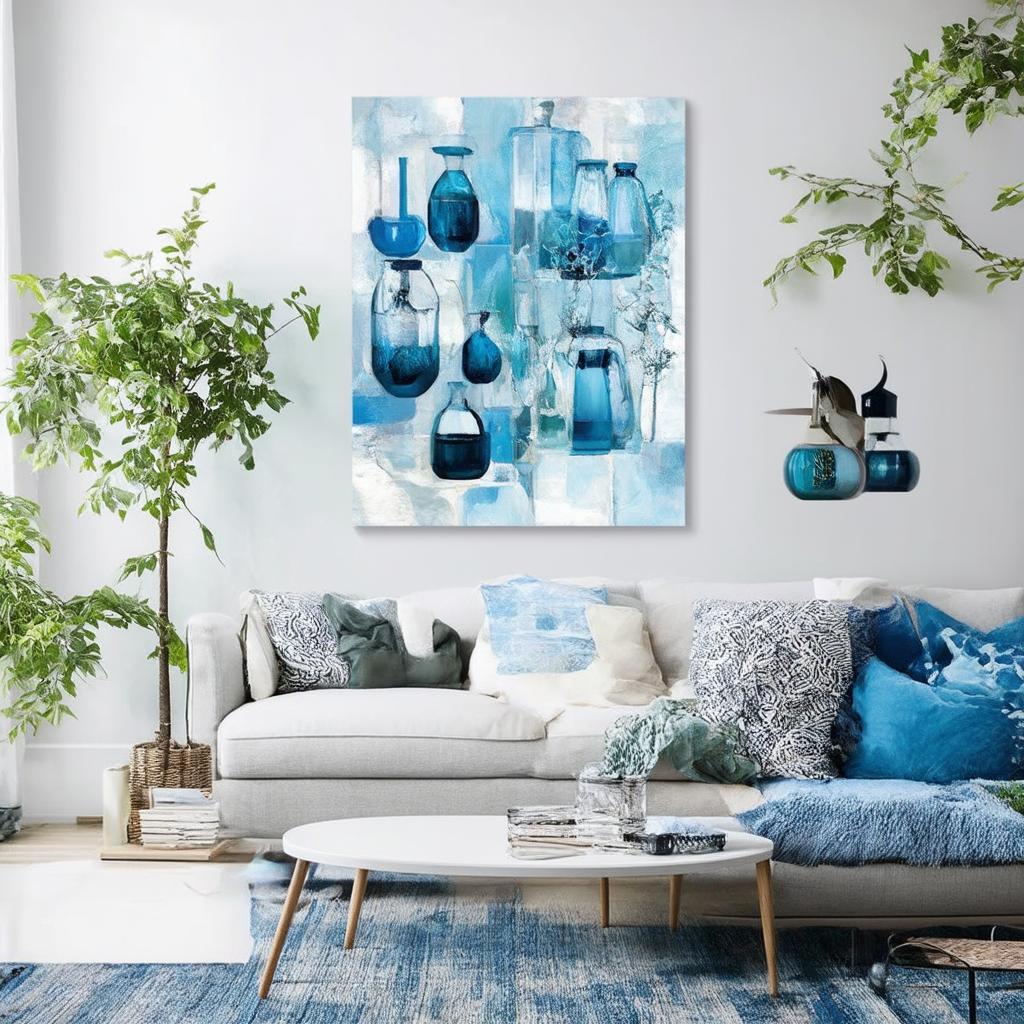 Use open shelving to showcase blue decor pieces in your living room